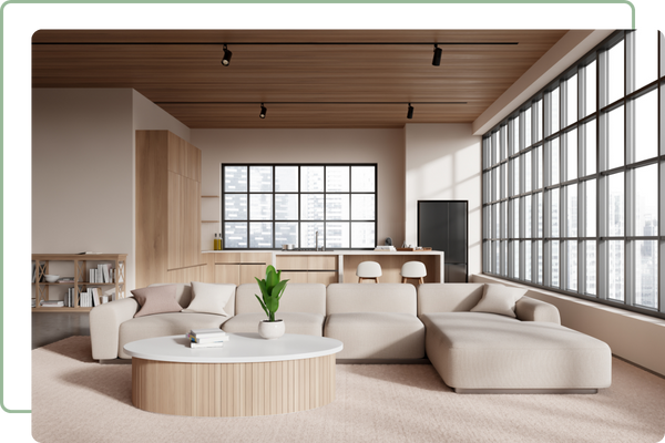Living room with large sectioned windows